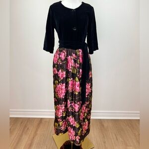 Dorsay Black Velvet Dress with Floral Accents